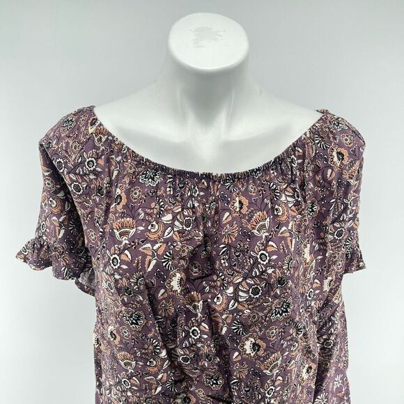 Knox Rose Off Shoulder Floral Top Purple Brown 4X Ruffle Sleeve Boho - Picture 4 of 14